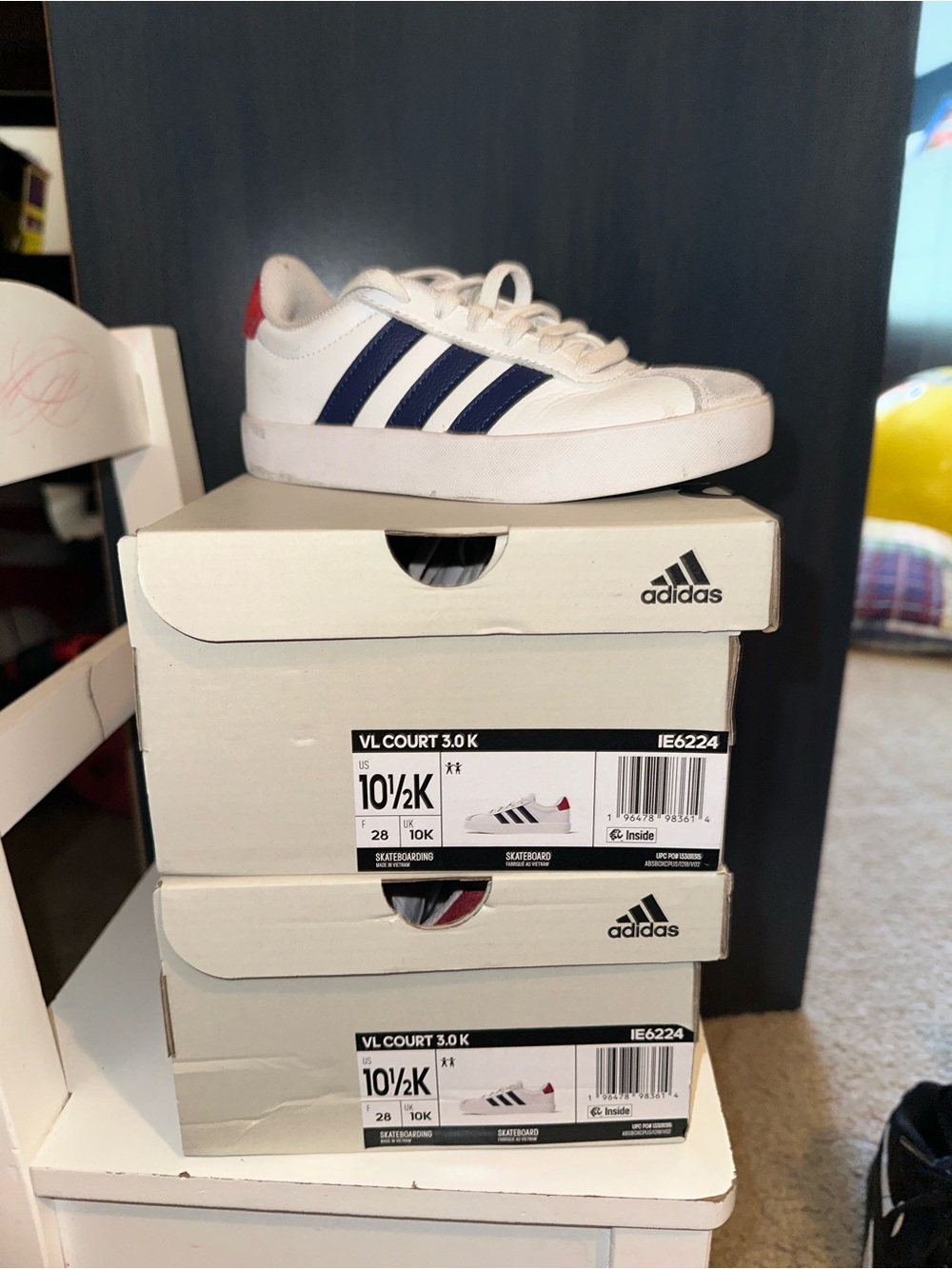 adidas Kids White Sneakers with Navy Stripes and Red Heel Tab